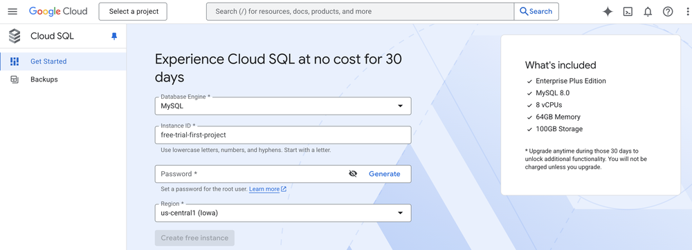 Página de Início do Teste Gratuito do Cloud SQL